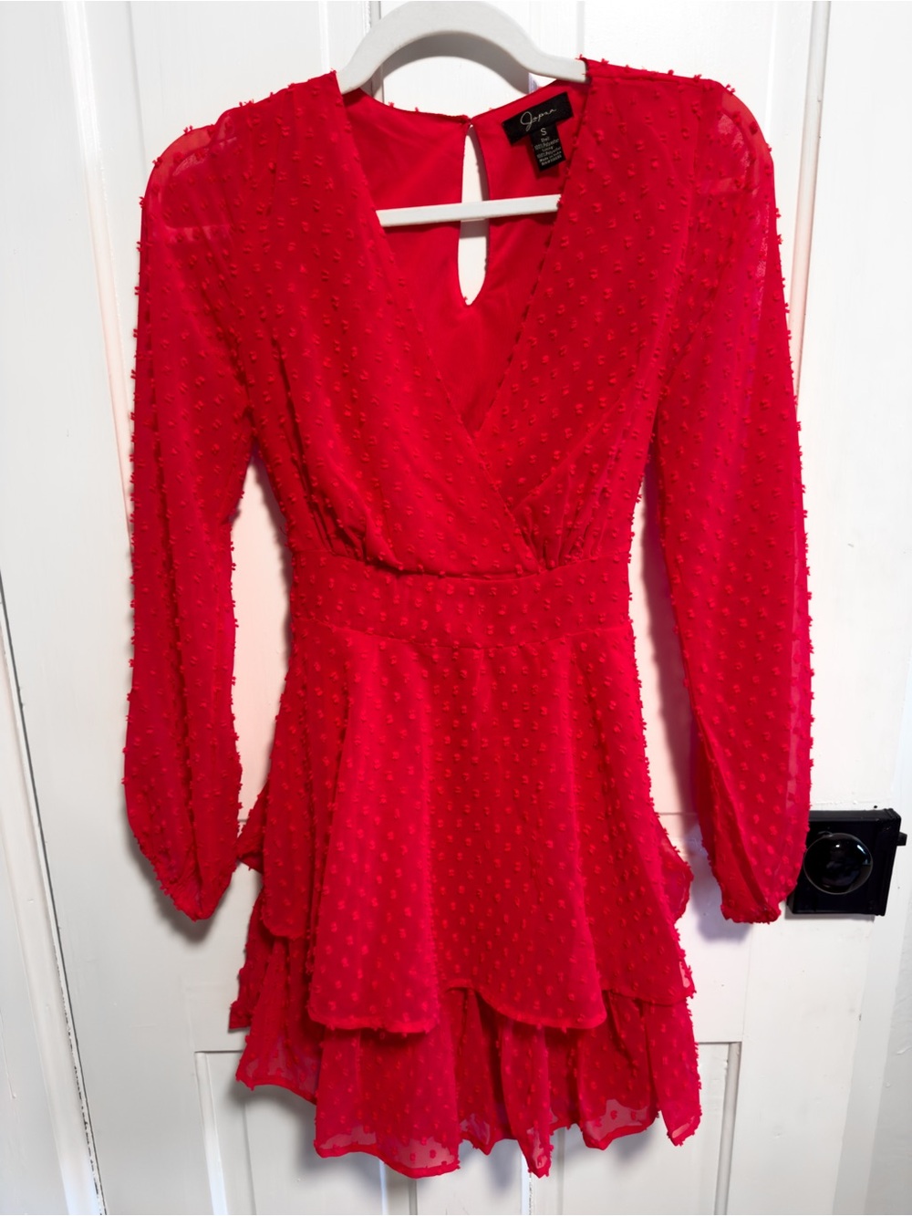 Japna Red Textured Long-Sleeve Wrap-Style Mini Dress